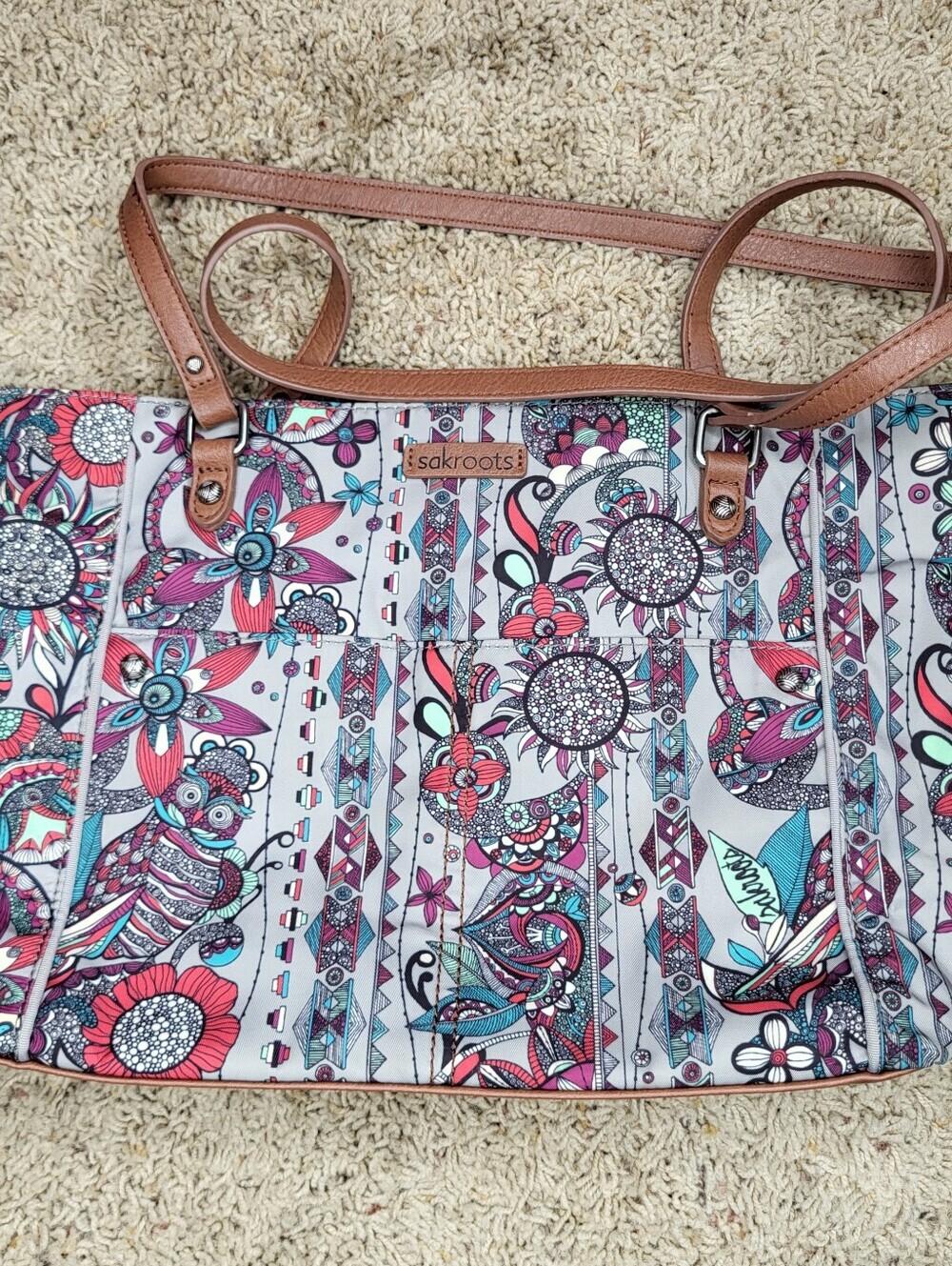 Sakroots Colorful Floral Print Tote with Tan Straps